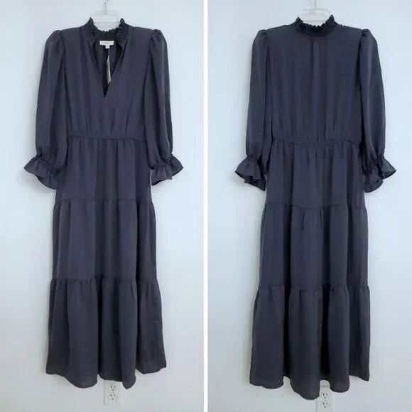 white christmas dresses Cap Sleeve Belted Midi Dress Grey Dark Wash / L